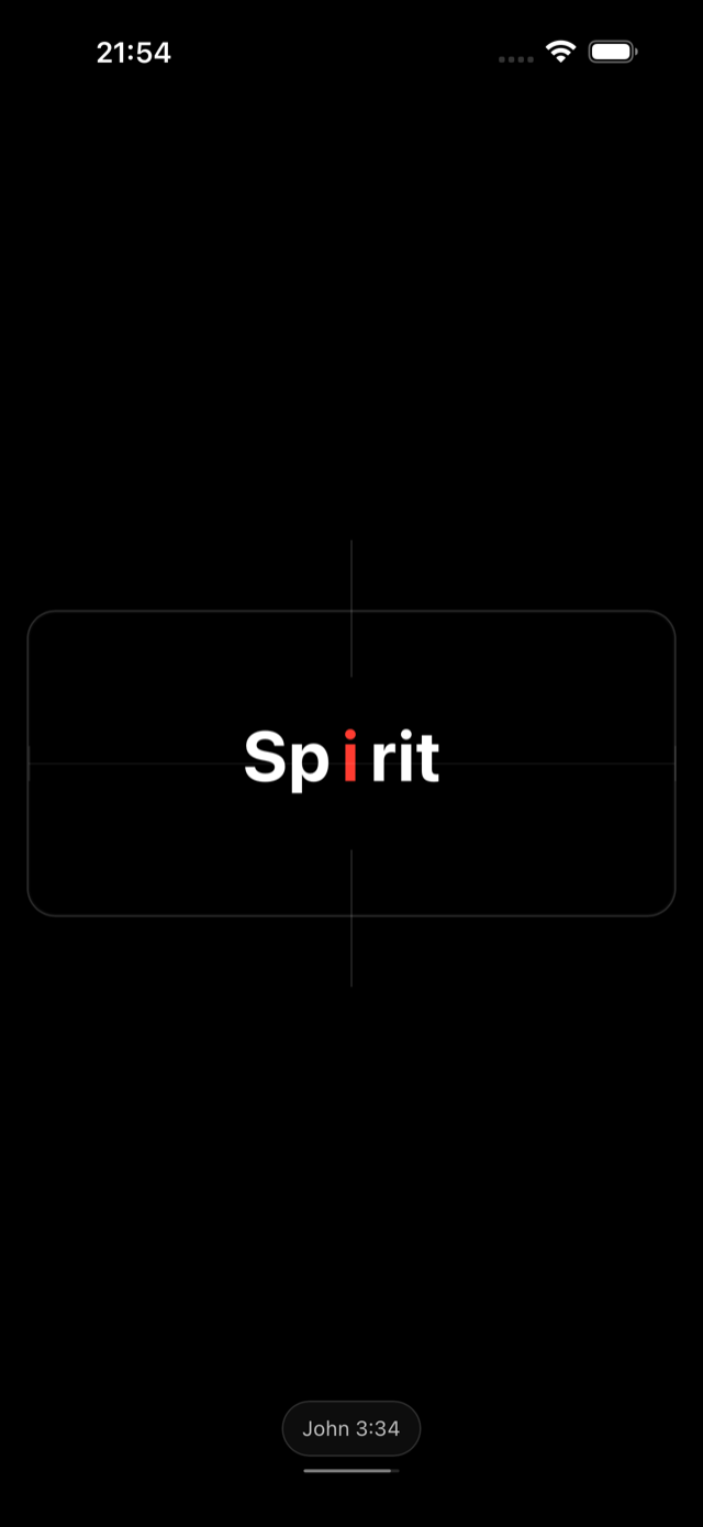 One Word reading mode: the word &lsquo;Spirit&rsquo; alone on a black screen, its focus letter in red, John 3:34 below.