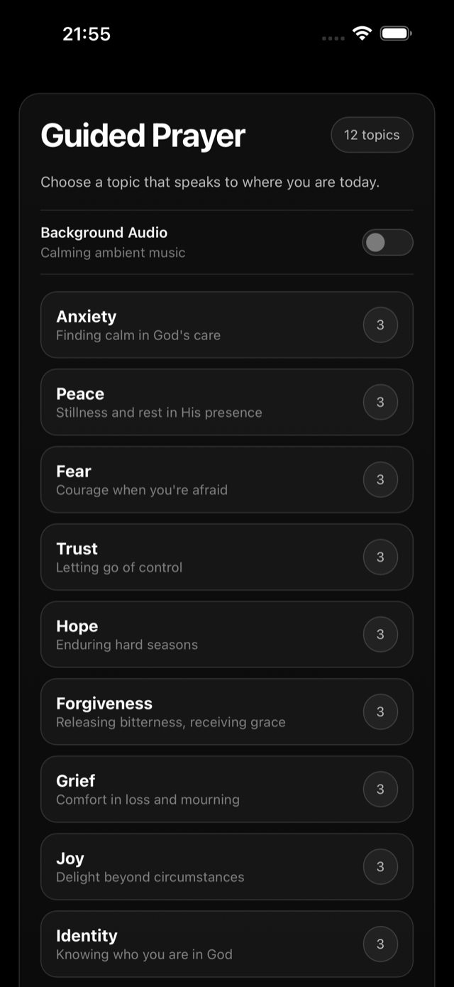 Guided Prayer topics: Anxiety, Peace, Fear, Trust, Hope, Forgiveness, Grief, Joy, Identity.